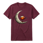 A maroon short-sleeve crewneck t-shirt for adult featuring a graphic of a quirky bird on the front.