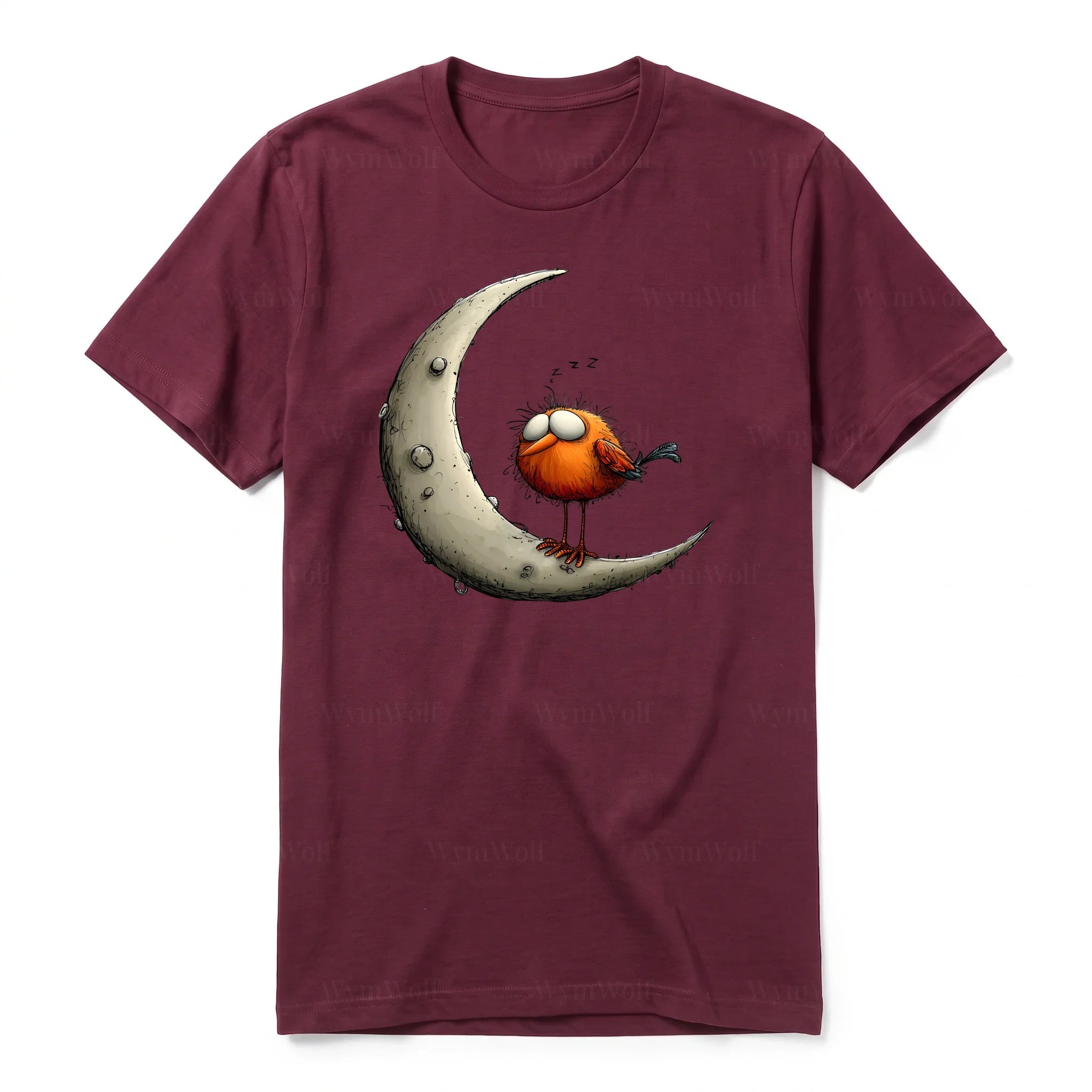 A maroon short-sleeve crewneck t-shirt for adult featuring a graphic of a quirky bird on the front.