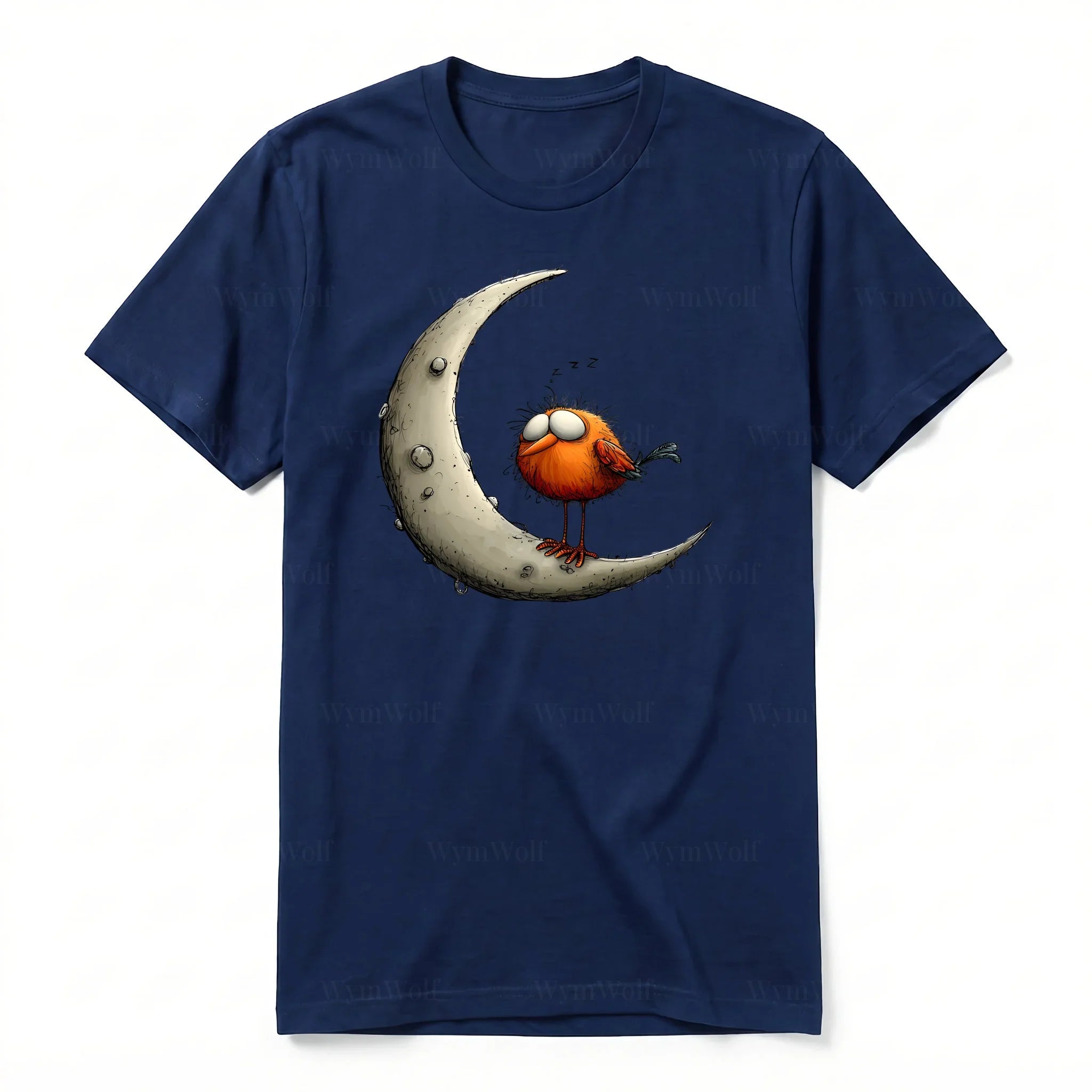 A navy short-sleeve crewneck t-shirt for adult featuring a graphic of a quirky bird on the front.