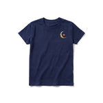 A navy short-sleeve crewneck t-shirt for youth featuring a graphic of a quirky bird on the left chest.