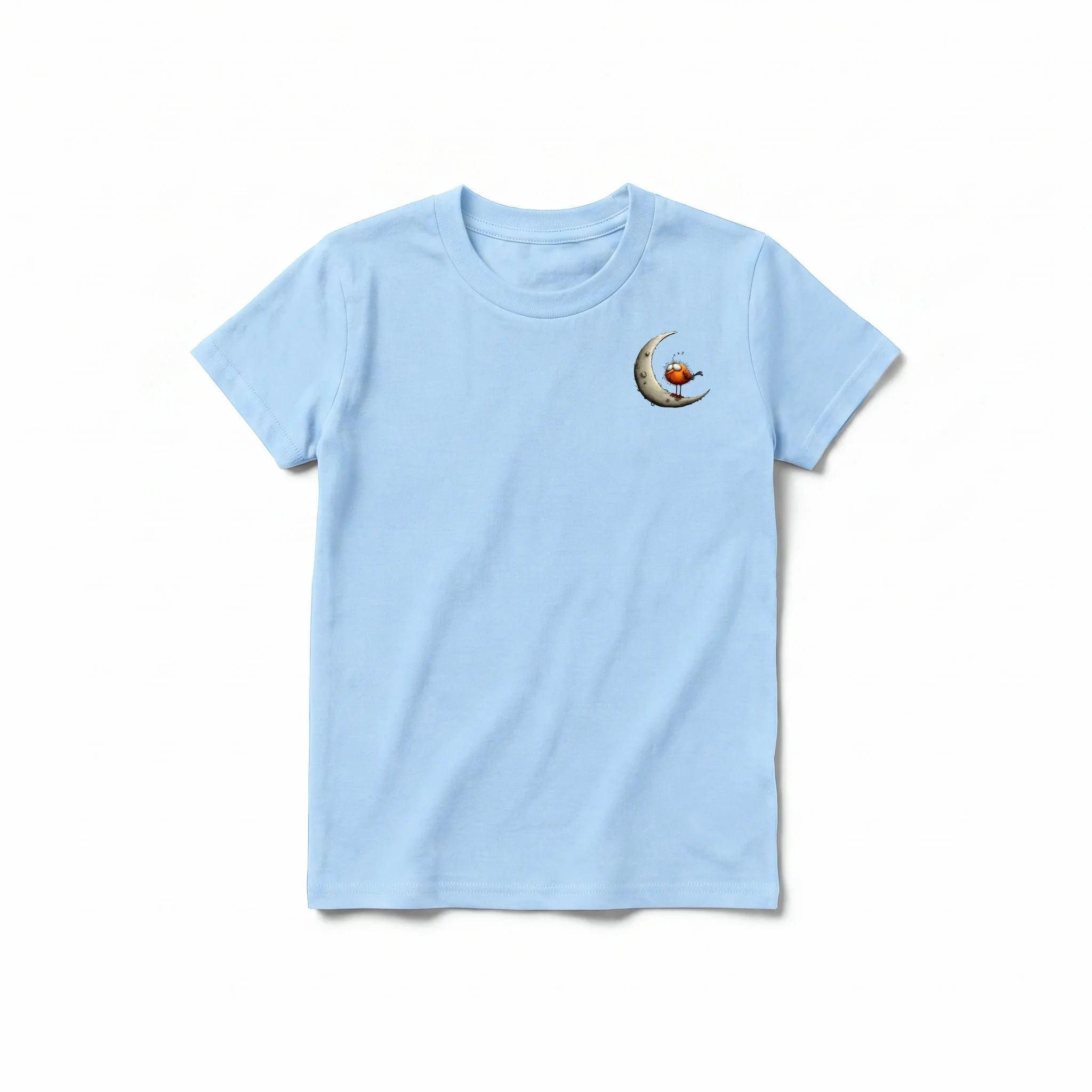 A powder short-sleeve crewneck t-shirt for youth featuring a graphic of a quirky bird on the left chest.