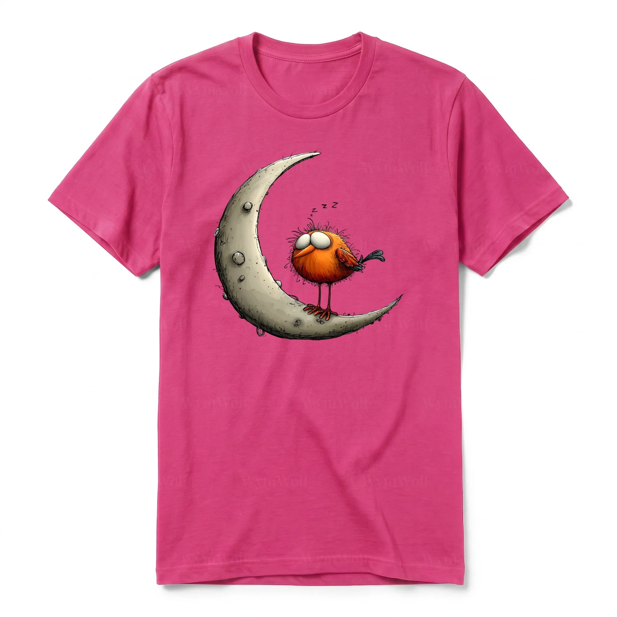 A raspberry short-sleeve crewneck t-shirt for adult featuring a graphic of a quirky bird on the front.