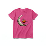 A raspberry short-sleeve crewneck t-shirt for youth featuring a graphic of a quirky bird on the front.