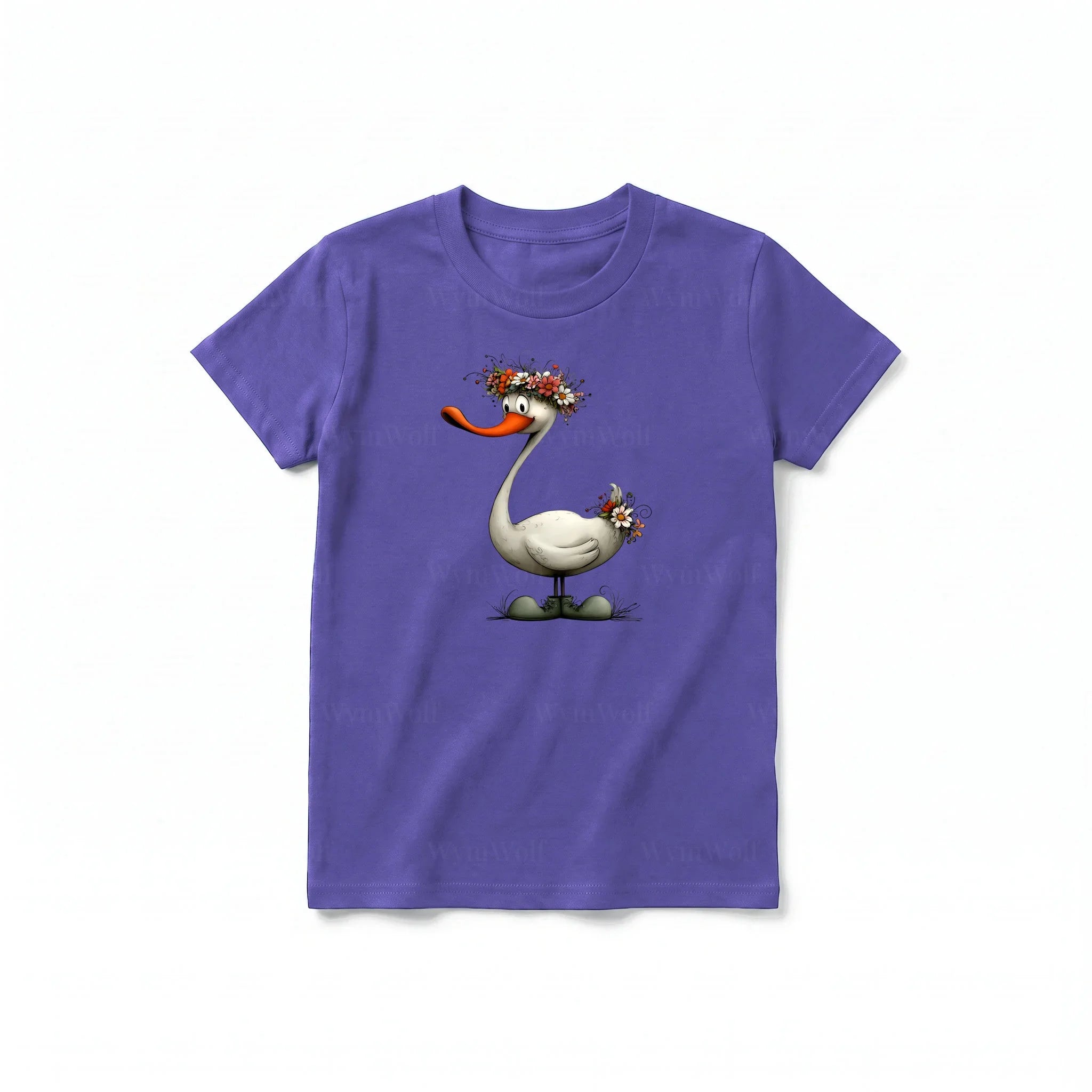 A purple short-sleeve crewneck t-shirt for youth featuring a graphic of a quirky bird on the front.