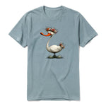 A sage short-sleeve crewneck t-shirt for adult featuring a graphic of a quirky bird on the front.