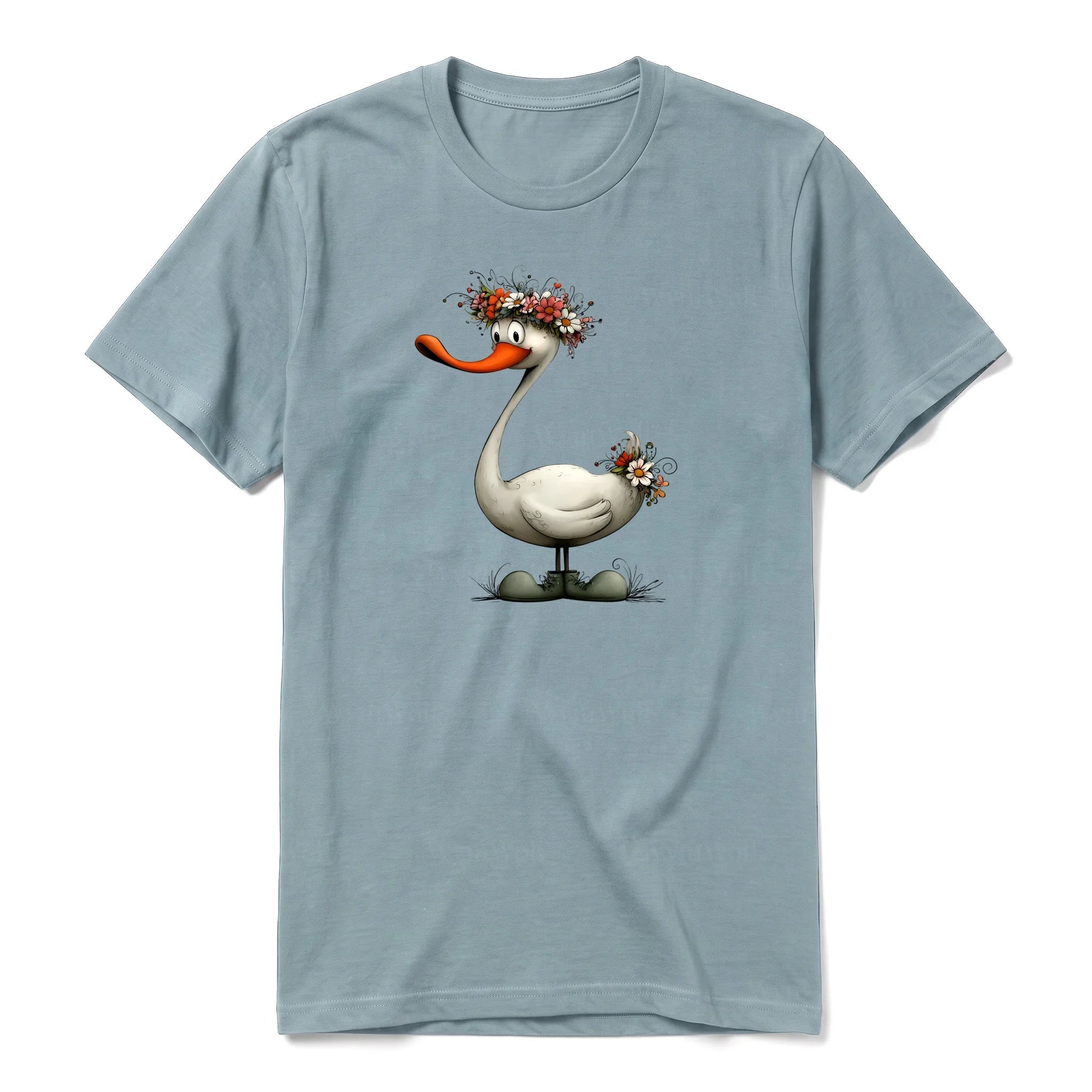 A sage short-sleeve crewneck t-shirt for adult featuring a graphic of a quirky bird on the front.