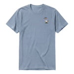 A steel-blue short-sleeve crewneck t-shirt for adult featuring a graphic of a quirky bird on the left chest.