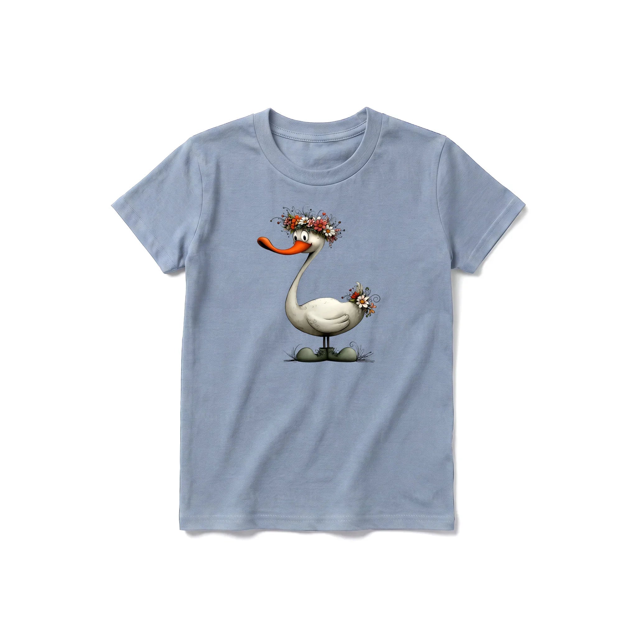 A steel-blue short-sleeve crewneck t-shirt for youth featuring a graphic of a quirky bird on the front.