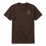 A chocolate short-sleeve crewneck t-shirt for adult featuring a graphic of a quirky bird on the left chest.