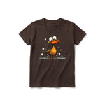 A chocolate short-sleeve crewneck t-shirt for youth featuring a graphic of a quirky bird on the front.