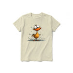A latte short-sleeve crewneck t-shirt for youth featuring a graphic of a quirky bird on the front.