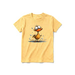 A mustard short-sleeve crewneck t-shirt for youth featuring a graphic of a quirky bird on the front.