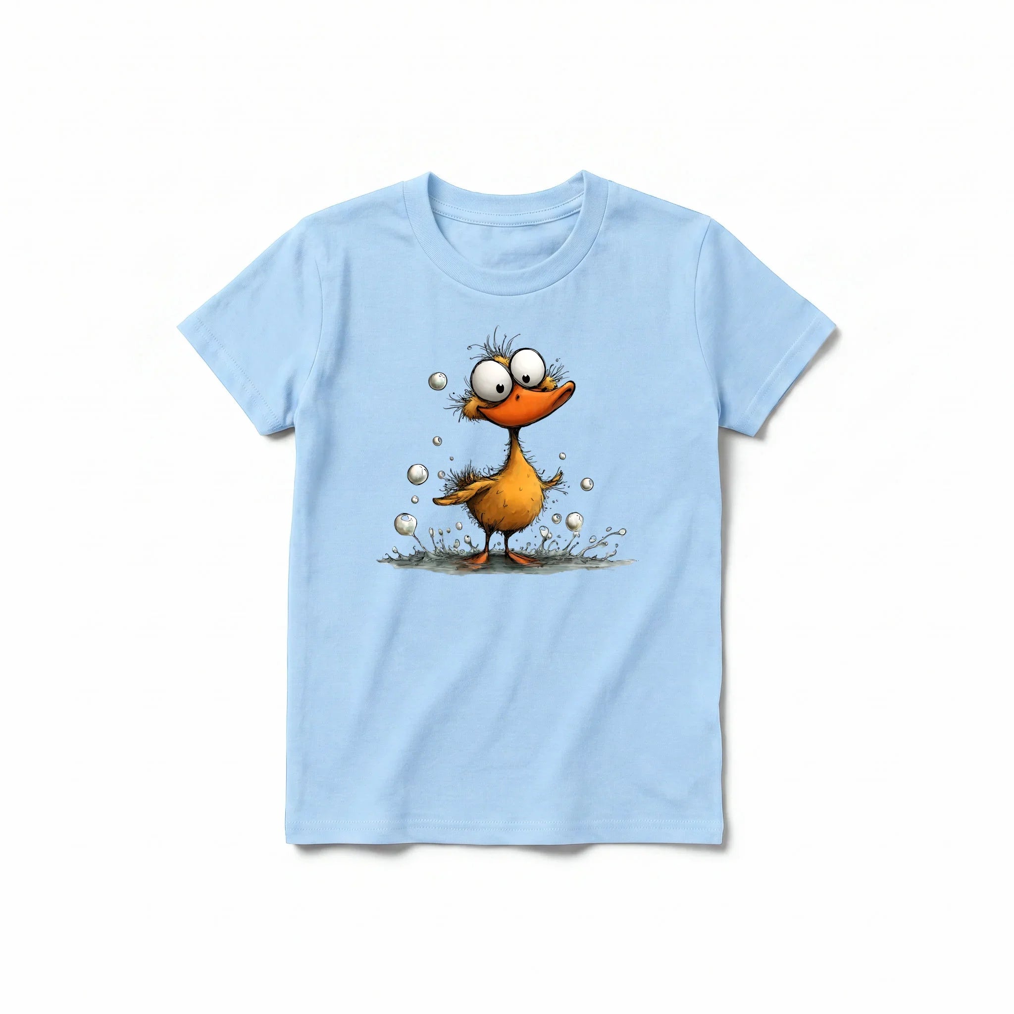 Un T-shirt poudre à manches courtes et col rond pour jeune, orné d'un motif représentant un oiseau excentrique sur le devant.