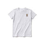 A ash grey short-sleeve crewneck t-shirt for youth featuring a graphic of a quirky bird on the left chest.