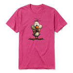 A raspberry short-sleeve crewneck t-shirt for adult featuring a graphic of a quirky bird on the front.