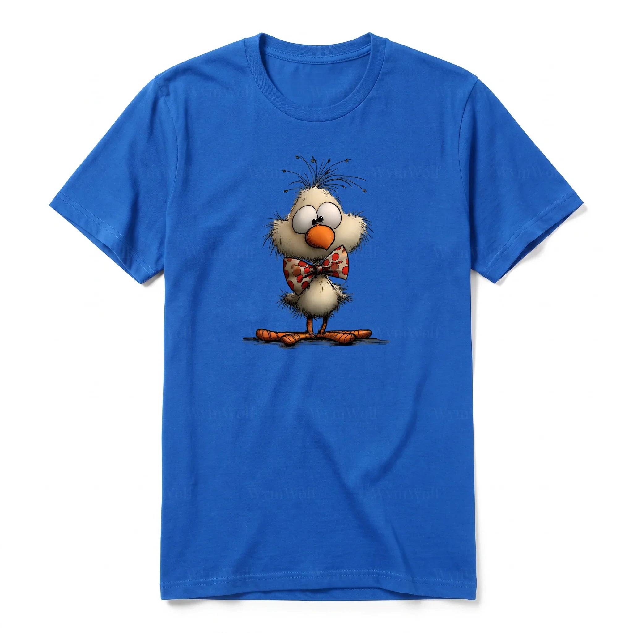 A royal short-sleeve crewneck t-shirt for adult featuring a graphic of a quirky bird on the front.