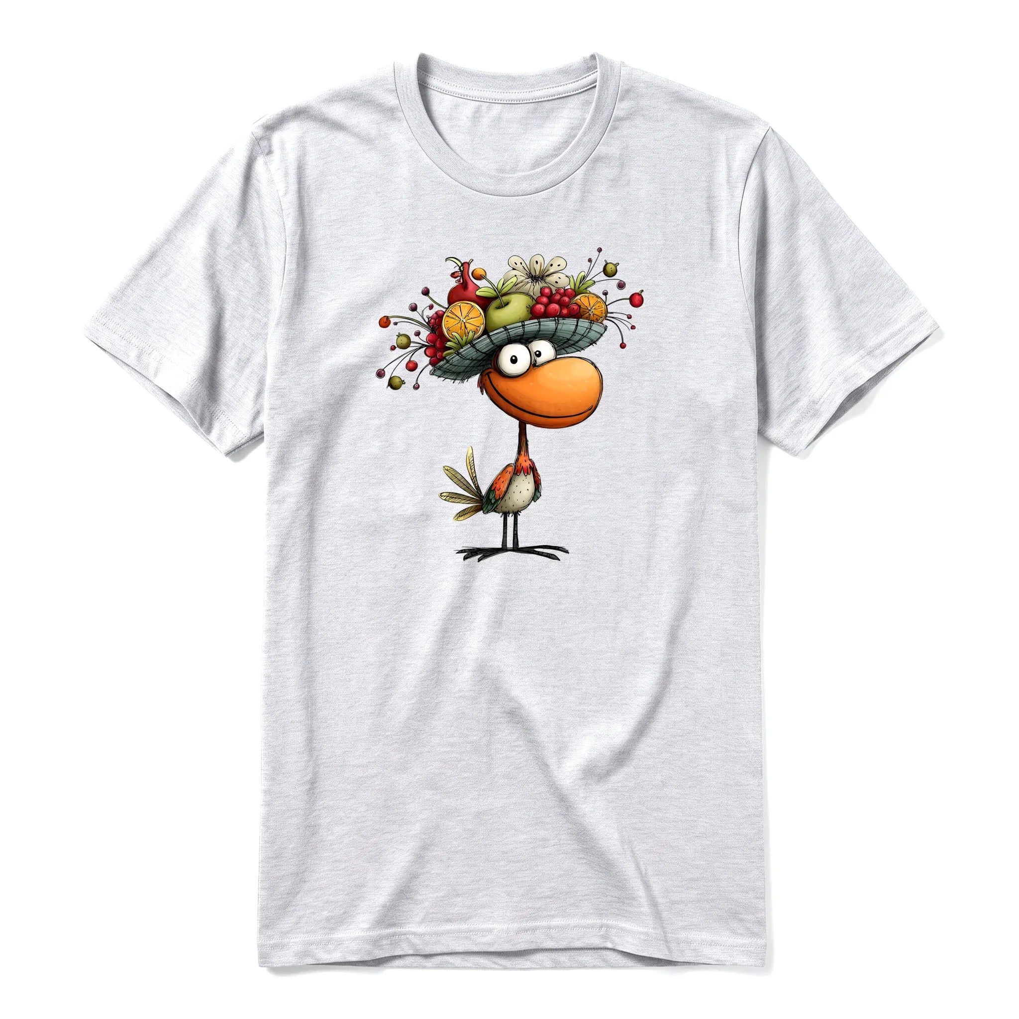 A ash grey short-sleeve crewneck t-shirt for adult featuring a graphic of a quirky bird on the front.