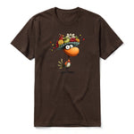 A chocolate short-sleeve crewneck t-shirt for adult featuring a graphic of a quirky bird on the front.