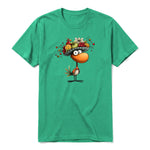 A kelly short-sleeve crewneck t-shirt for adult featuring a graphic of a quirky bird on the front.