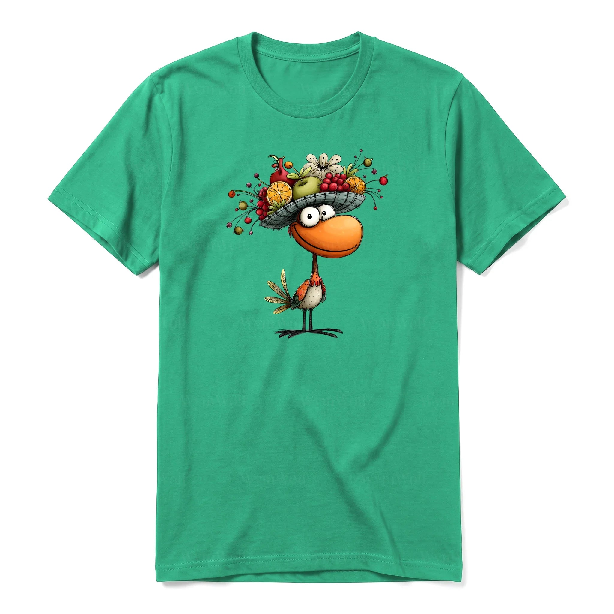 A kelly short-sleeve crewneck t-shirt for adult featuring a graphic of a quirky bird on the front.