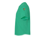 A kelly short-sleeve crewneck t-shirt  featuring a small graphic of a quirky bird on the upper left sleeve.