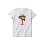 A ash grey short-sleeve crewneck t-shirt for youth featuring a graphic of a quirky bird on the front.