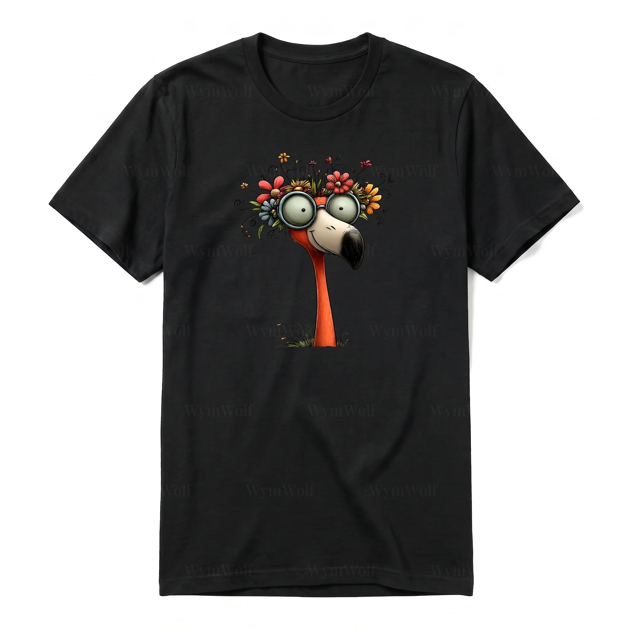 A black short-sleeve crewneck t-shirt for adult featuring a graphic of a quirky bird on the front.