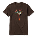 A chocolate short-sleeve crewneck t-shirt for adult featuring a graphic of a quirky bird on the front.