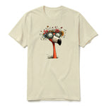 A latte short-sleeve crewneck t-shirt for adult featuring a graphic of a quirky bird on the front.