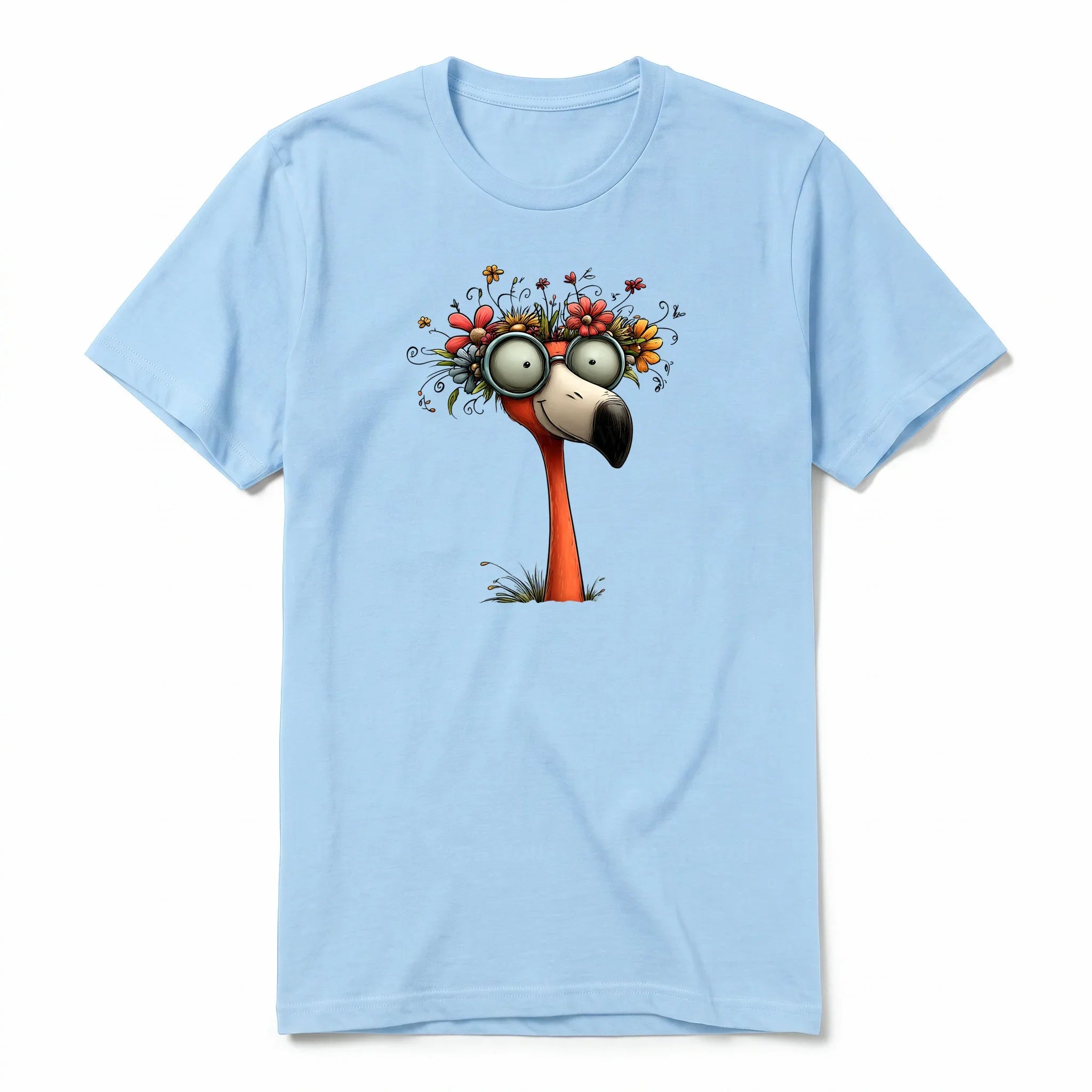 A powder short-sleeve crewneck t-shirt for adult featuring a graphic of a quirky bird on the front.