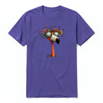 A purple short-sleeve crewneck t-shirt for adult featuring a graphic of a quirky bird on the front.