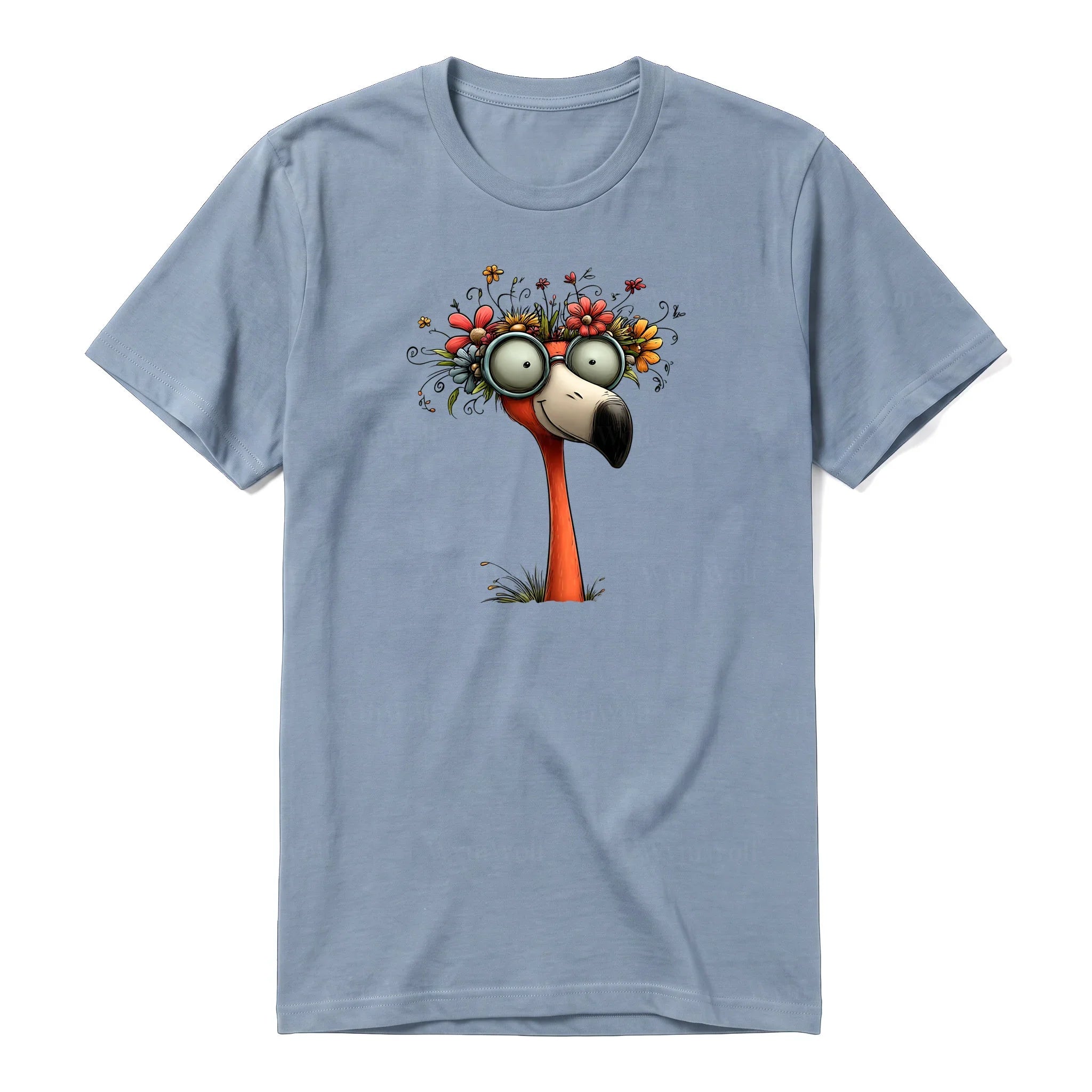 Un T-shirt steel-blue à manches courtes et col rond, orné d'un motif représentant un oiseau excentrique sur le devant.