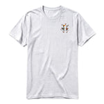 A ash grey short-sleeve crewneck t-shirt for adult featuring a graphic of a quirky bird on the left chest.