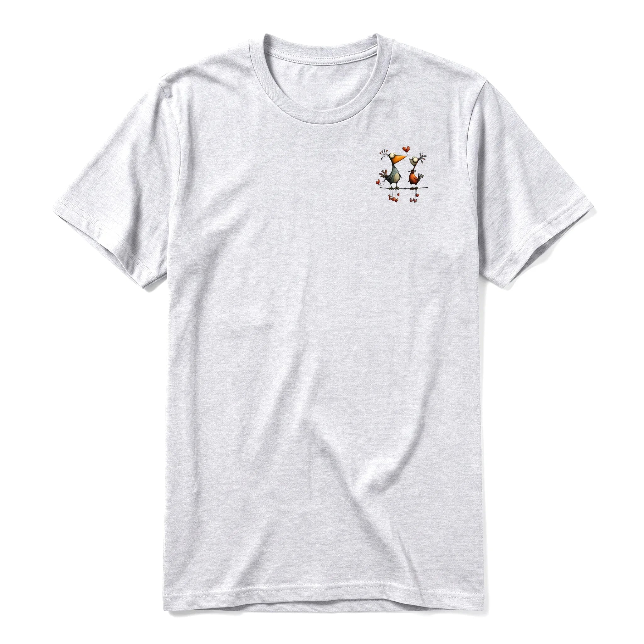 A ash grey short-sleeve crewneck t-shirt for adult featuring a graphic of a quirky bird on the left chest.
