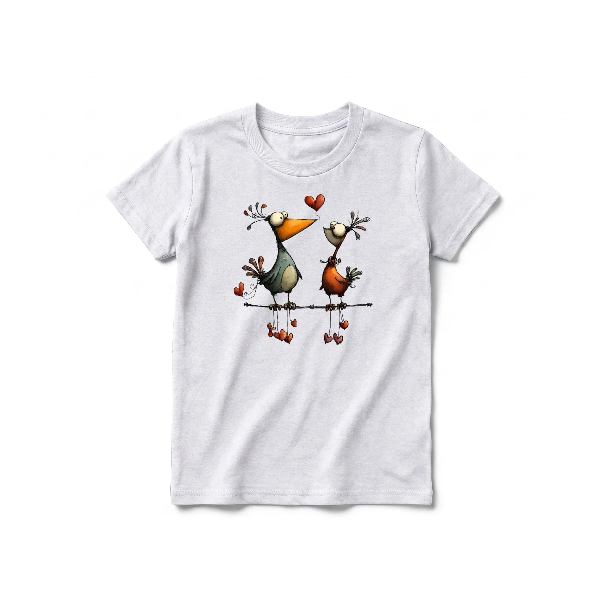 A ash grey short-sleeve crewneck t-shirt for youth featuring a graphic of a quirky bird on the front.