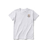 A ash grey short-sleeve crewneck t-shirt for youth featuring a graphic of a quirky bird on the left chest.