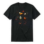 A black short-sleeve crewneck t-shirt for adult featuring a graphic of a quirky bird on the front.
