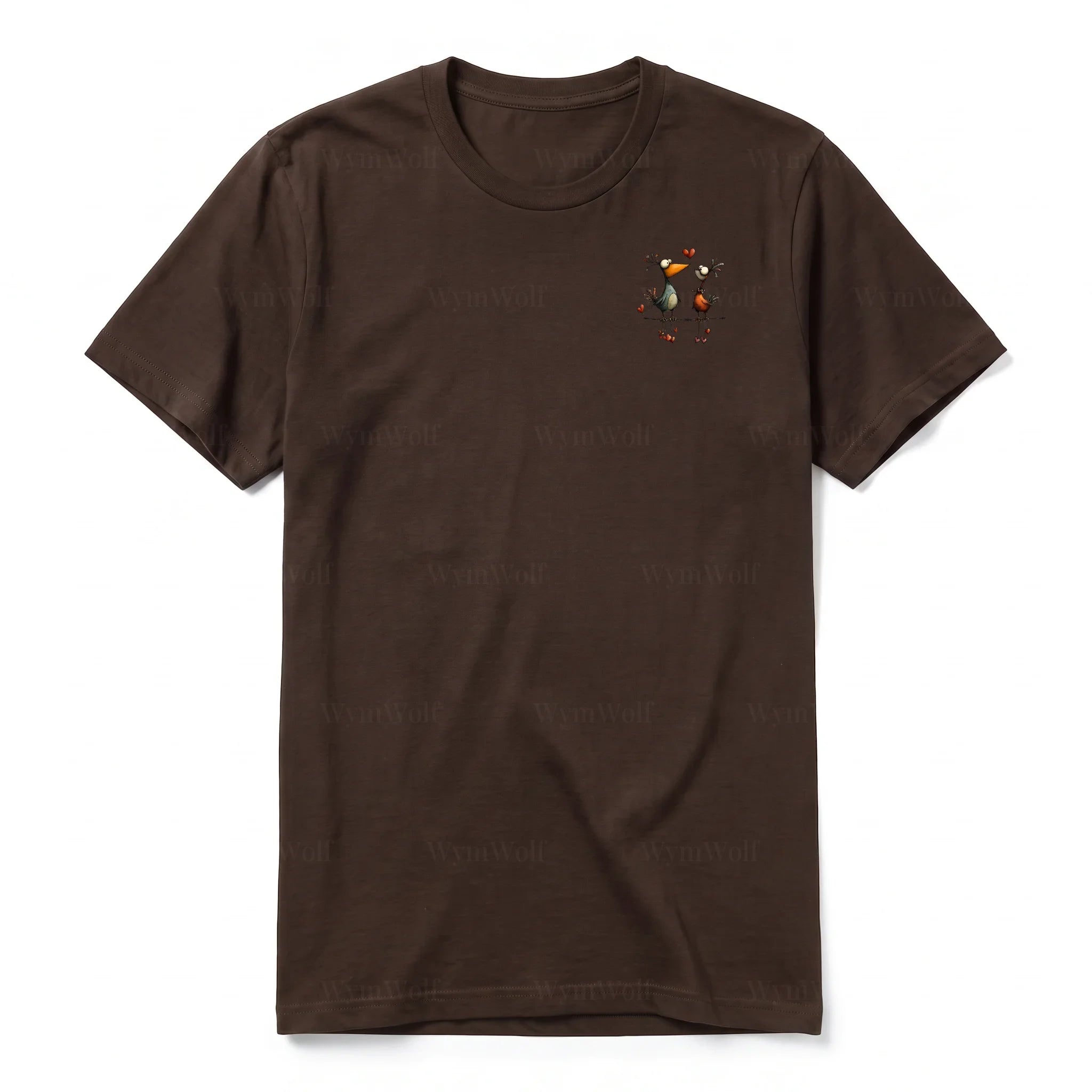 A chocolate short-sleeve crewneck t-shirt for adult featuring a graphic of a quirky bird on the left chest.