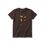 A chocolate short-sleeve crewneck t-shirt for youth featuring a graphic of a quirky bird on the front.