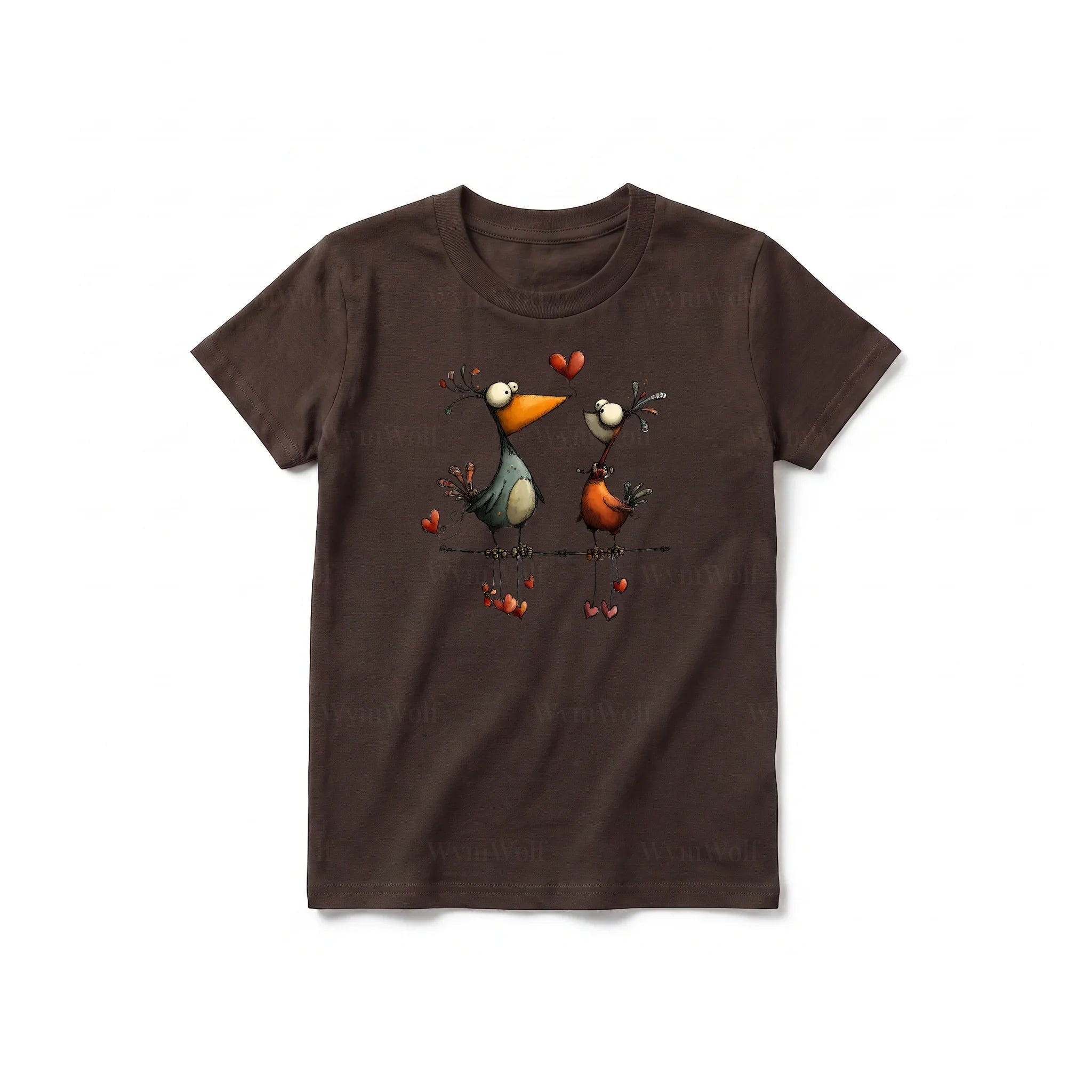 A chocolate short-sleeve crewneck t-shirt for youth featuring a graphic of a quirky bird on the front.