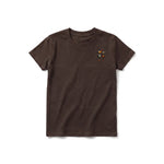 A chocolate short-sleeve crewneck t-shirt for youth featuring a graphic of a quirky bird on the left chest.