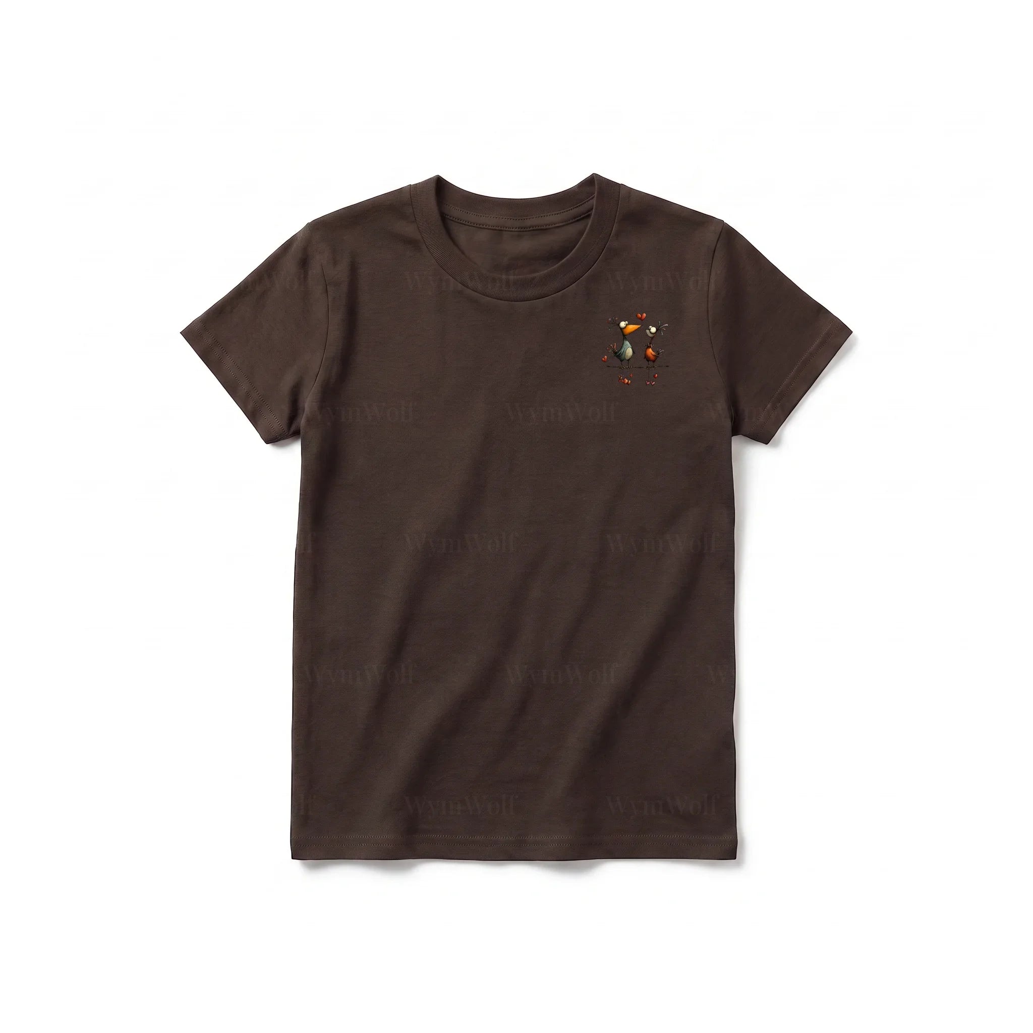 A chocolate short-sleeve crewneck t-shirt for youth featuring a graphic of a quirky bird on the left chest.