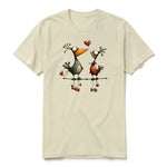 A latte short-sleeve crewneck t-shirt for adult featuring a graphic of a quirky bird on the front.