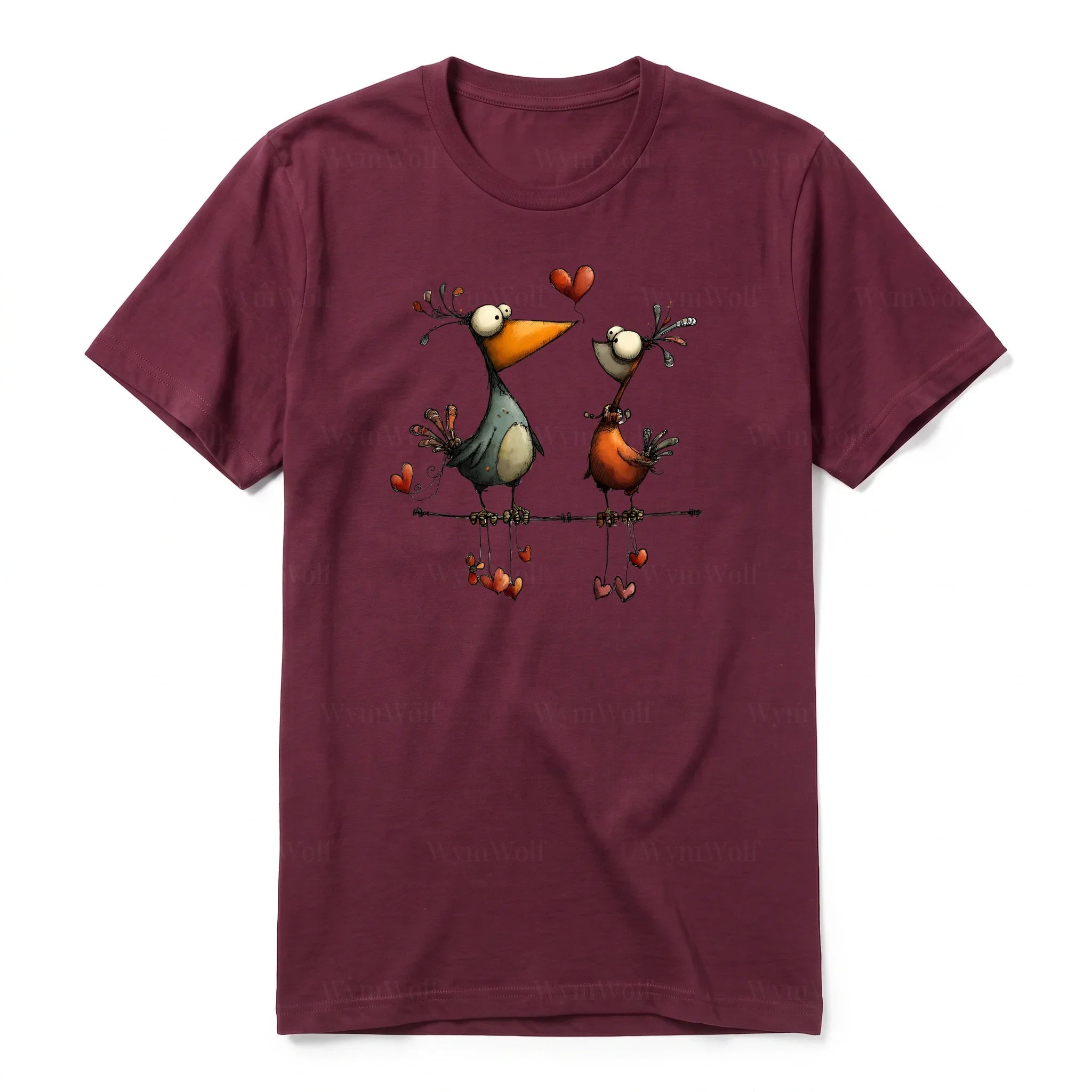 A maroon short-sleeve crewneck t-shirt for adult featuring a graphic of a quirky bird on the front.
