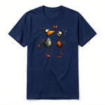A navy short-sleeve crewneck t-shirt for adult featuring a graphic of a quirky bird on the front.
