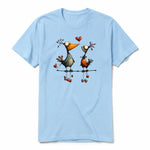 A powder short-sleeve crewneck t-shirt for adult featuring a graphic of a quirky bird on the front.