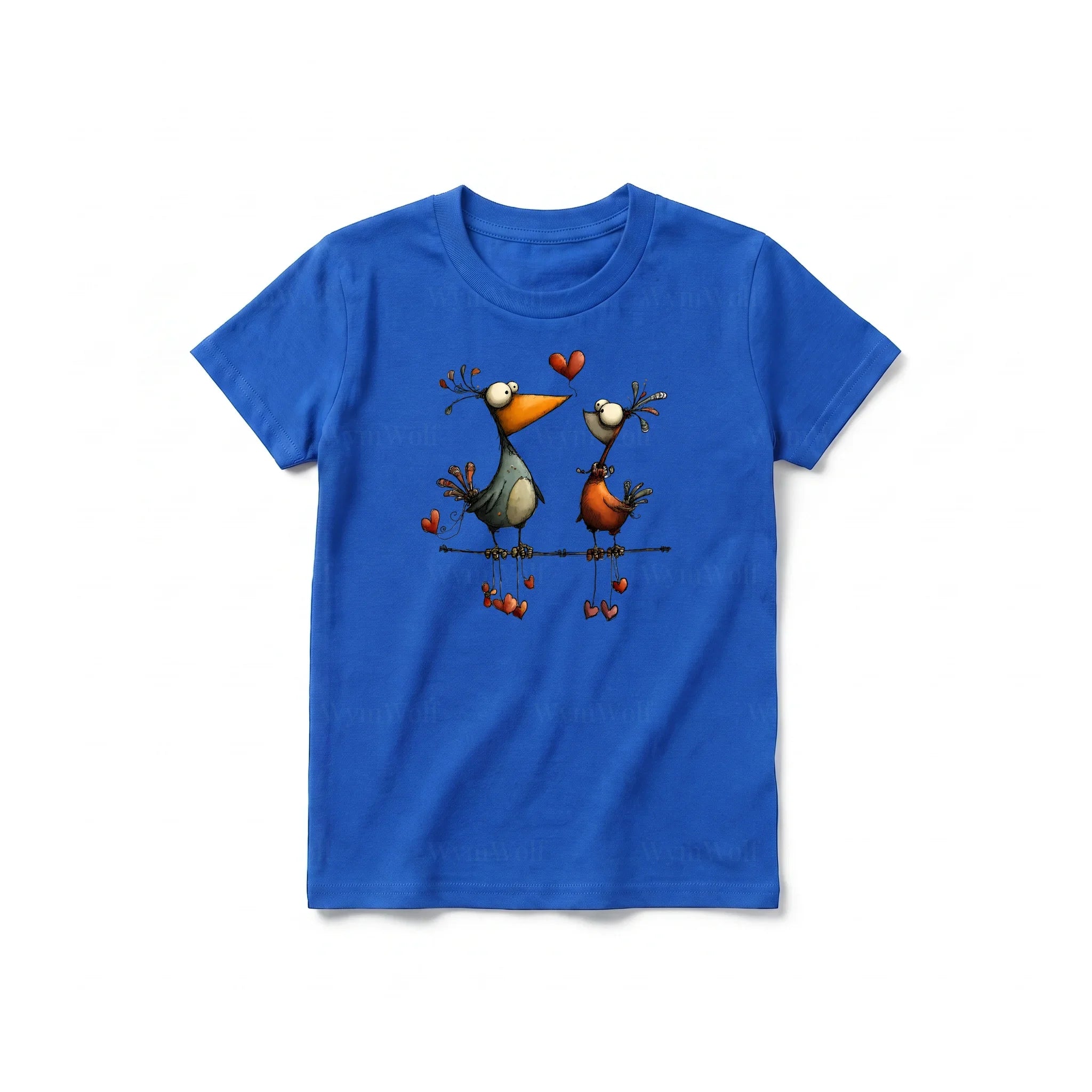 A royal short-sleeve crewneck t-shirt for youth featuring a graphic of a quirky bird on the front.