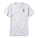 A ash grey short-sleeve crewneck t-shirt for adult featuring a graphic of a quirky bird on the left chest.