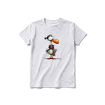 A ash grey short-sleeve crewneck t-shirt for youth featuring a graphic of a quirky bird on the front.