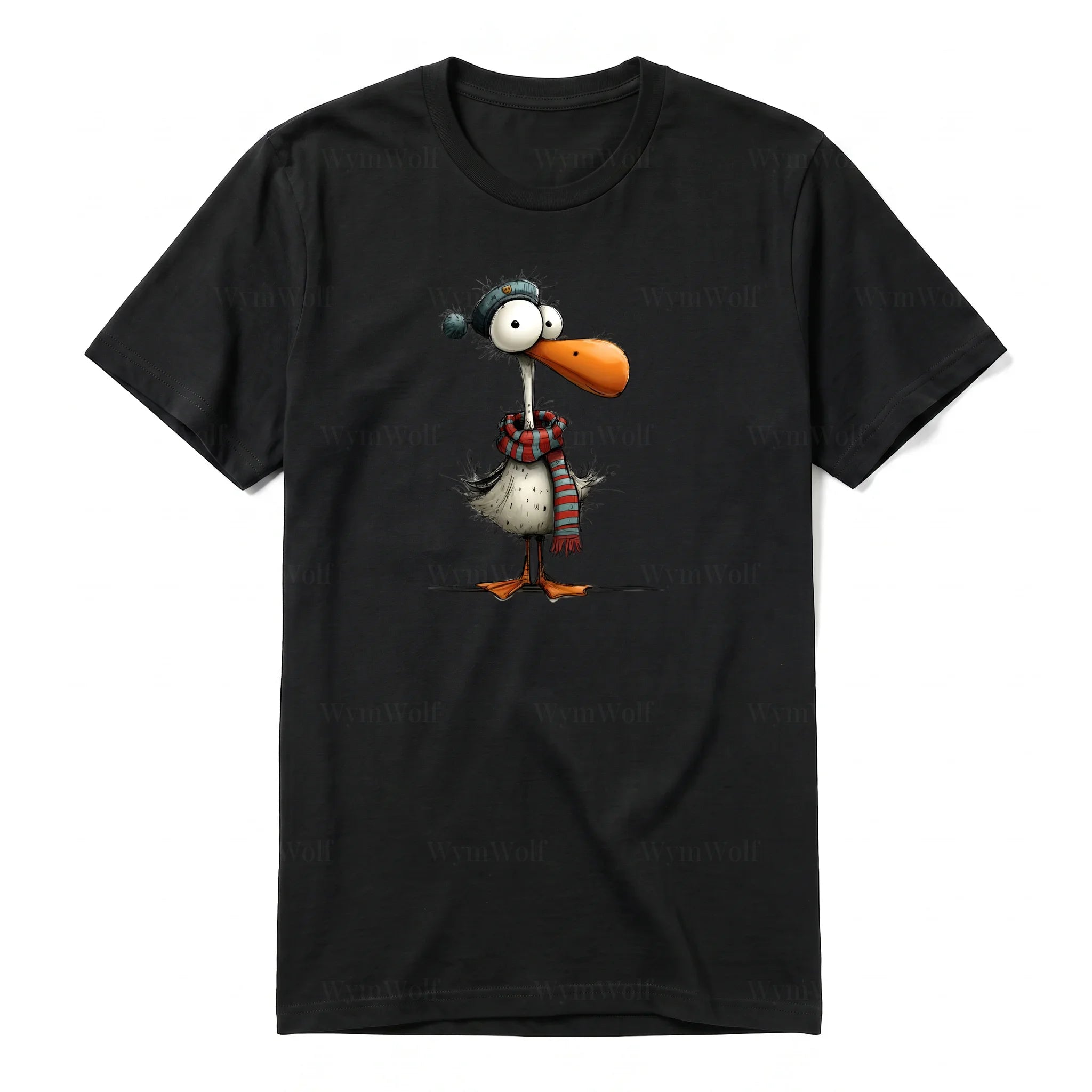 A black short-sleeve crewneck t-shirt for adult featuring a graphic of a quirky bird on the front.